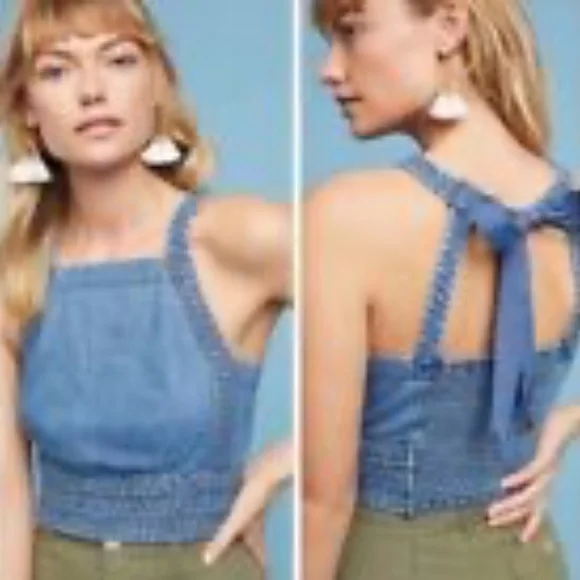 Maeve by Anthropologie Braided Cropped Denim Halter Top SZ2 - Picture 5 of 5